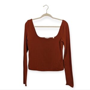 Vince Pima Cotton Top M Rust Amber Square Neck Long Sleeve Minimalist Casual